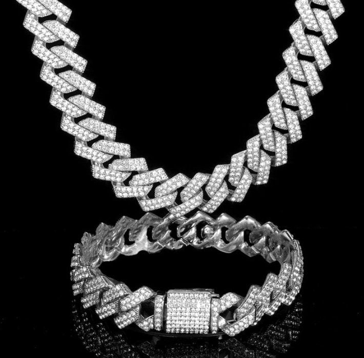 Iced Diamond Miami Cuban Link Chain Set 15MM - 20IN White Gold - Men's Jewelry - Hip Hop Necklace - VVS Cubic Zirconia Gift for Men