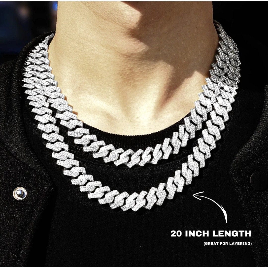 Iced Diamond Cuban Link Chain 15MM - 20IN White Gold Curbed Cuban - Men's Jewelry - Hip Hop Necklace - VVS Cubic Zirconia Gift for Men