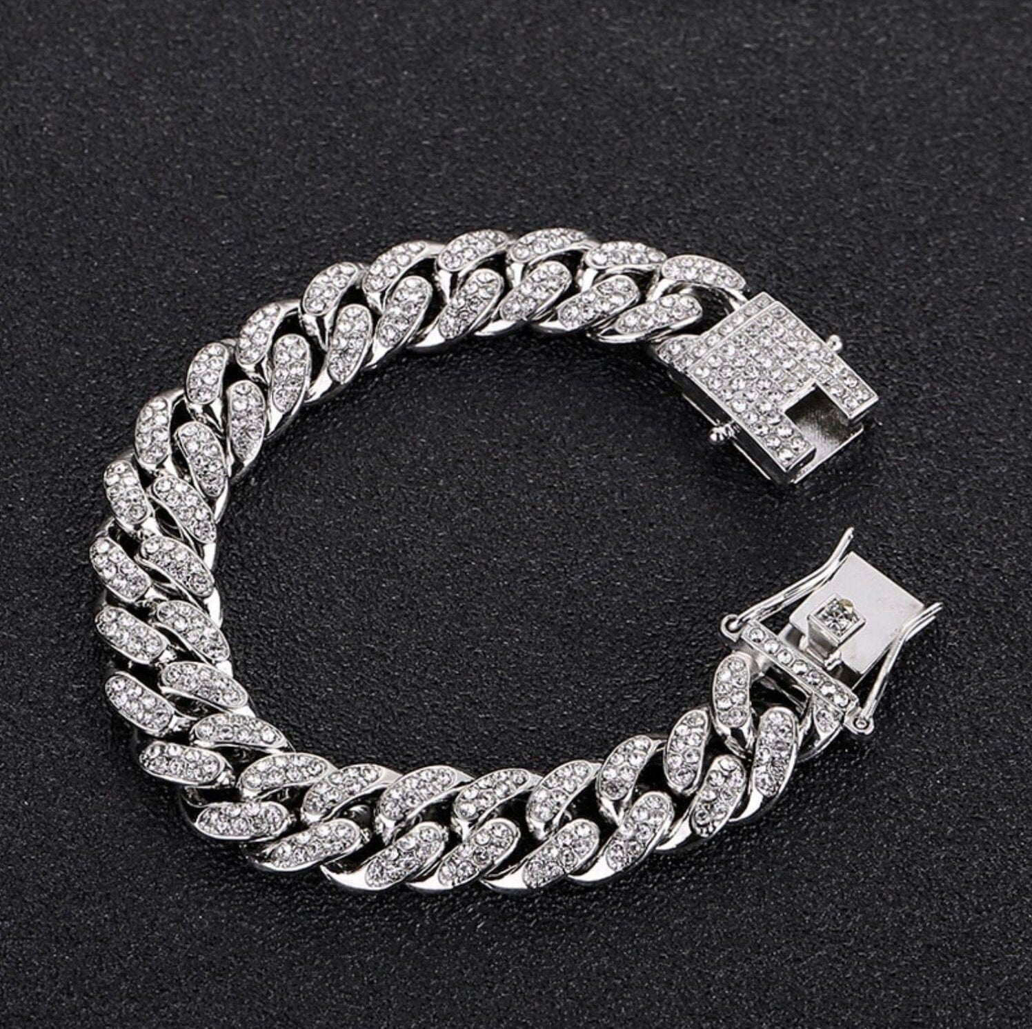 Silver Iced Diamond Miami Cuban Link Chain Bracelet 12MM - 8IN White Gold - Men's Jewelry - Womens Jewelry - VVS Cubic Zirconia