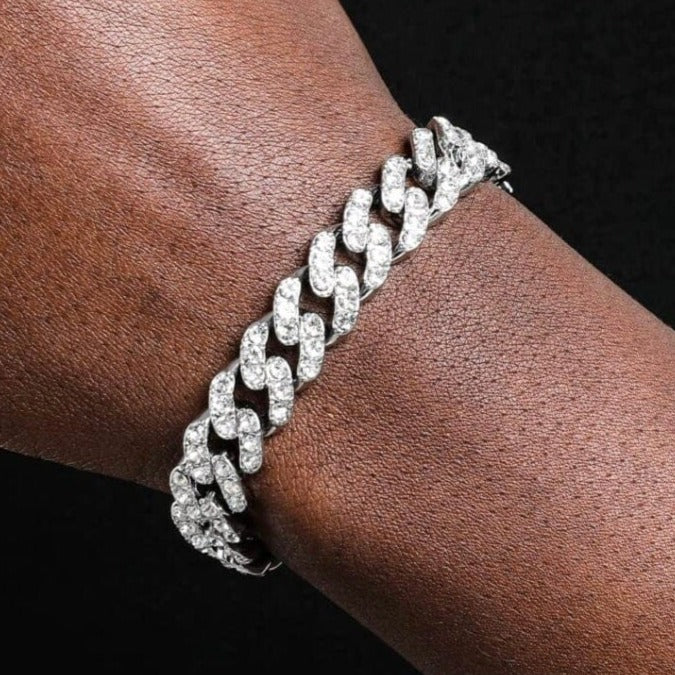 Silver Iced Diamond Miami Cuban Link Chain Bracelet 12MM - 8IN White Gold - Men's Jewelry - Womens Jewelry - VVS Cubic Zirconia
