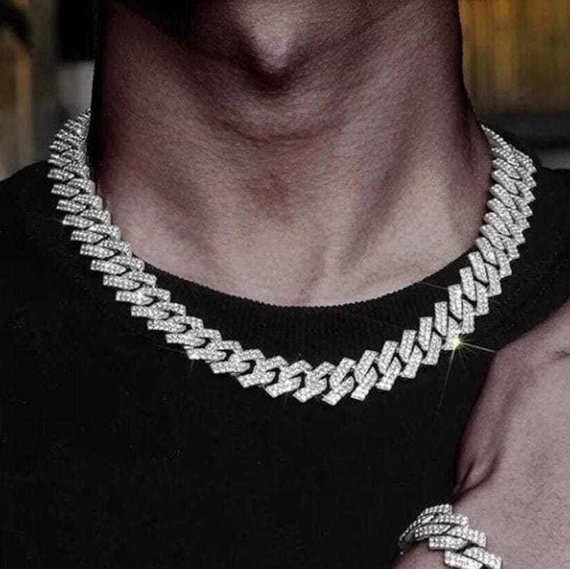 Iced Diamond Cuban Link Chain 15MM - 20IN White Gold Curbed Cuban - Men's Jewelry - Hip Hop Necklace - VVS Cubic Zirconia Gift for Men